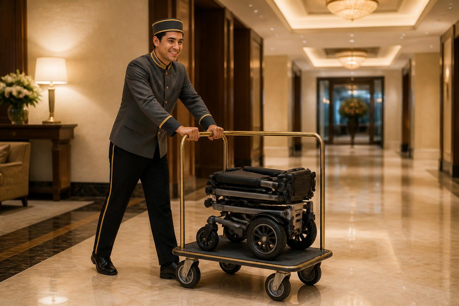 Hotel bellhop delivering a folded 4-wheel seated electric mobility scooter
